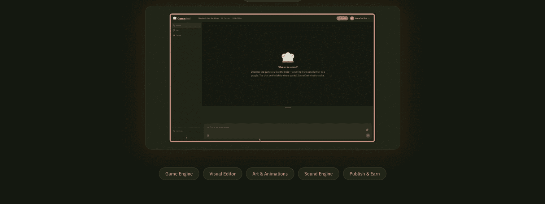 Schermafbeelding van de GameChef-editor op gamechef.dev: een browser-editor met panelen voor code, art en geluid.