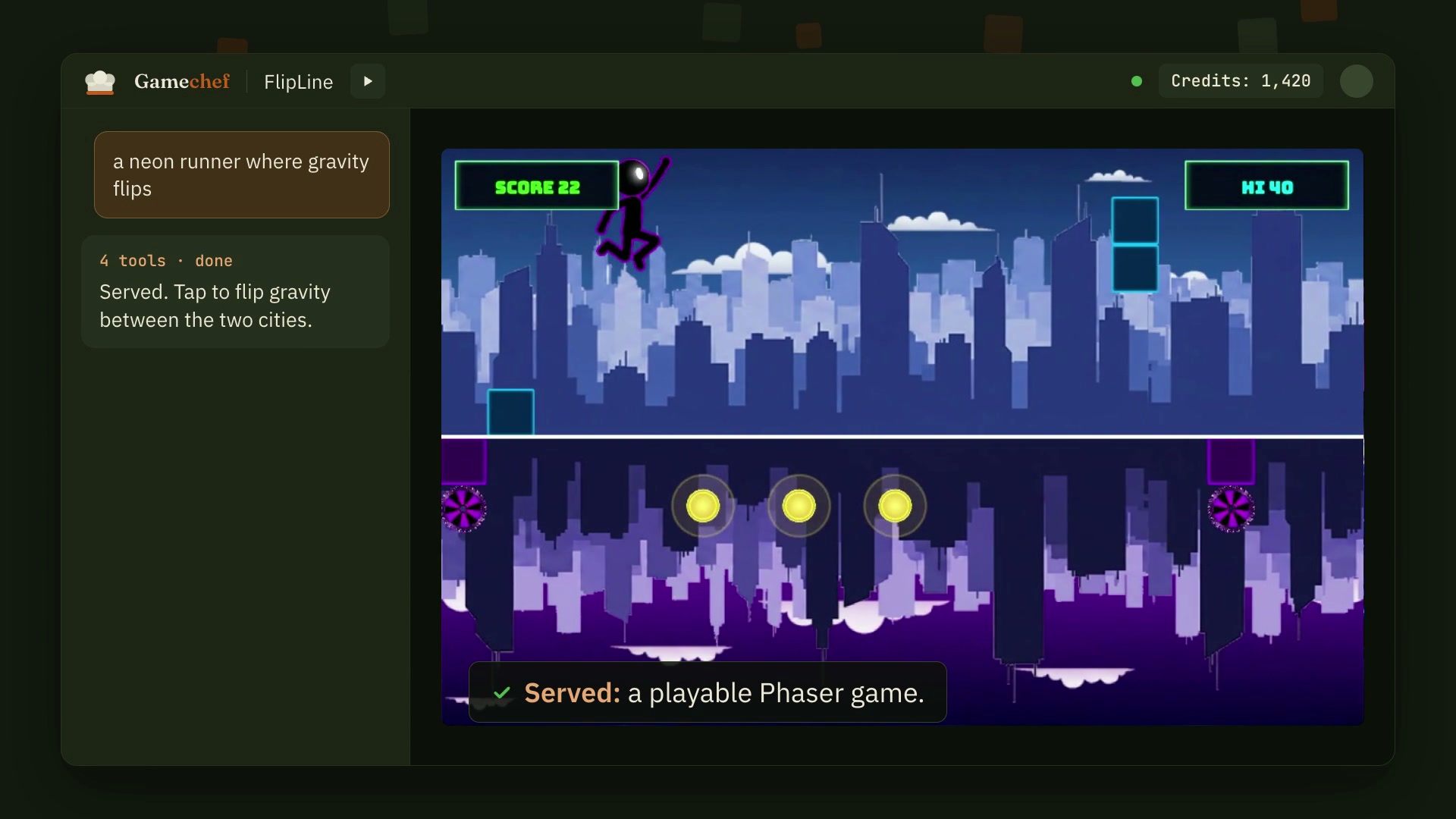 Productvideo van GameChef: iemand typt “a neon runner where gravity flips”, de AI bouwt de game, en er verschijnt een speelbare Phaser-game met sprites, geluid en een knop om te publiceren.