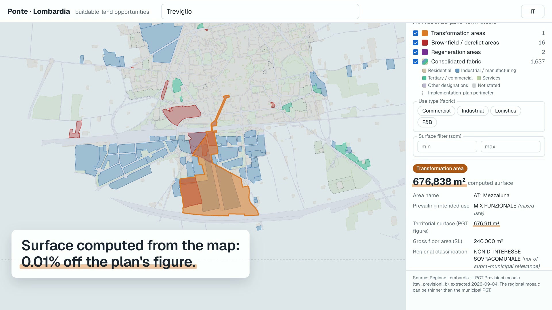 Product video of Ponte Lombardia: someone searches for the town of Treviglio, the map shows the opportunity areas from the regional plan, and a click gives the computed surface and each layer’s designation.
