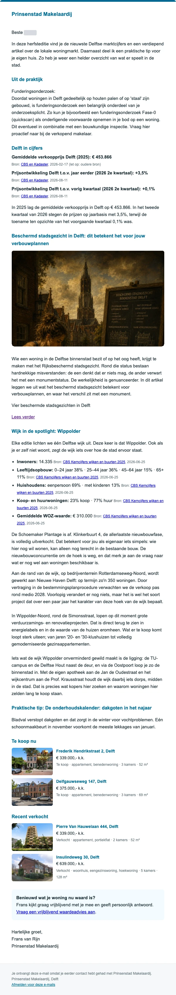 The newsletter Prinsenstad Makelaardij sent to past clients in September 2026, in Dutch.